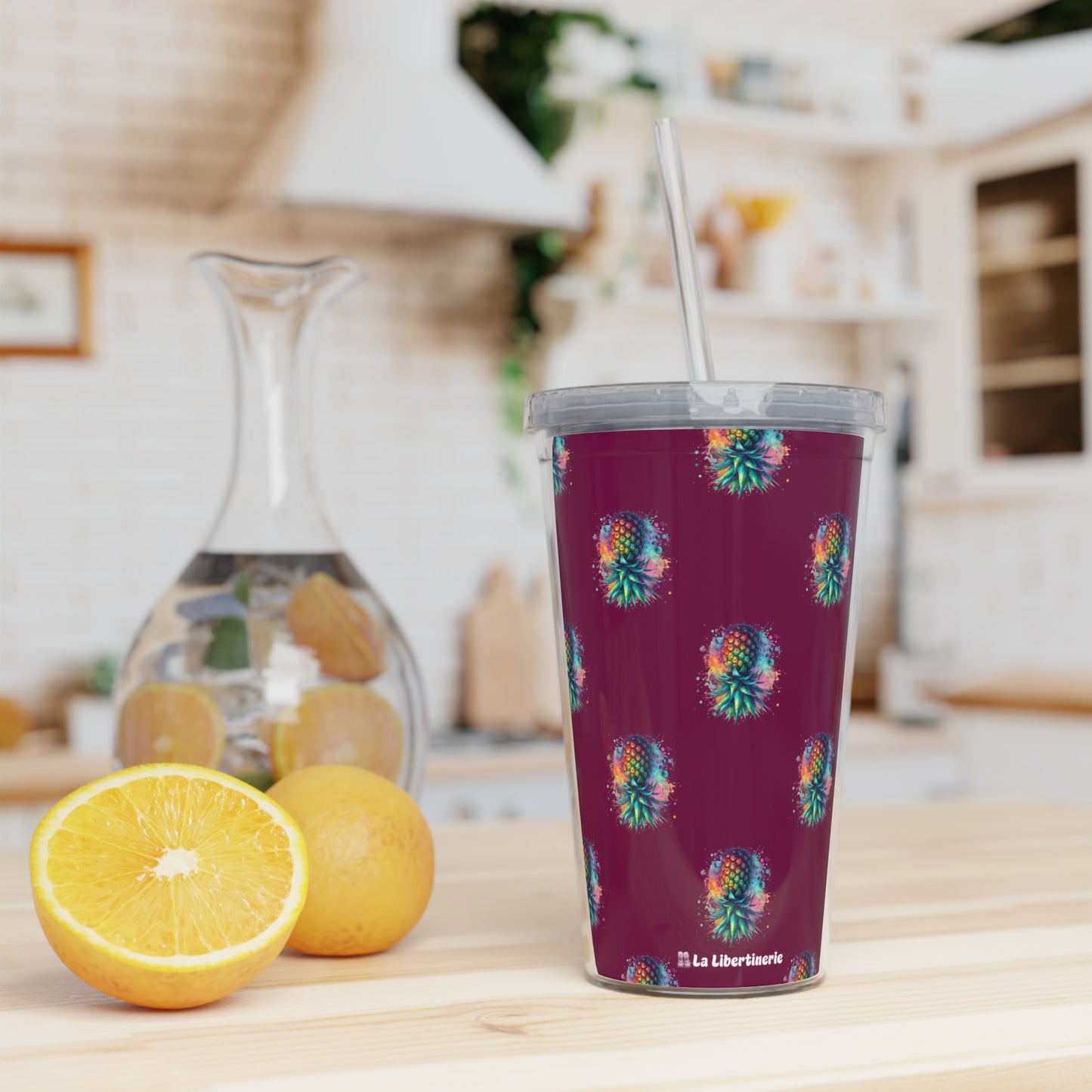 Gobelet avec paille Motif ananas Rose